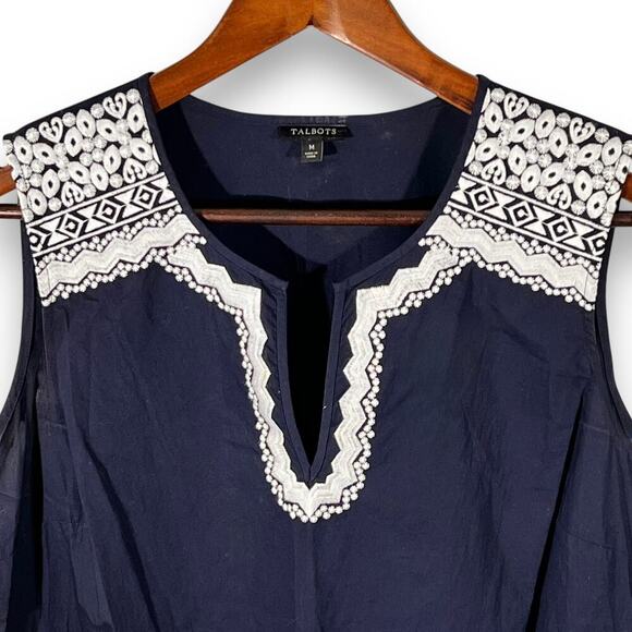 Talbots Navy Embroidered Cotton Tunic Top Medium Sleeveless - Picture 5 of 10